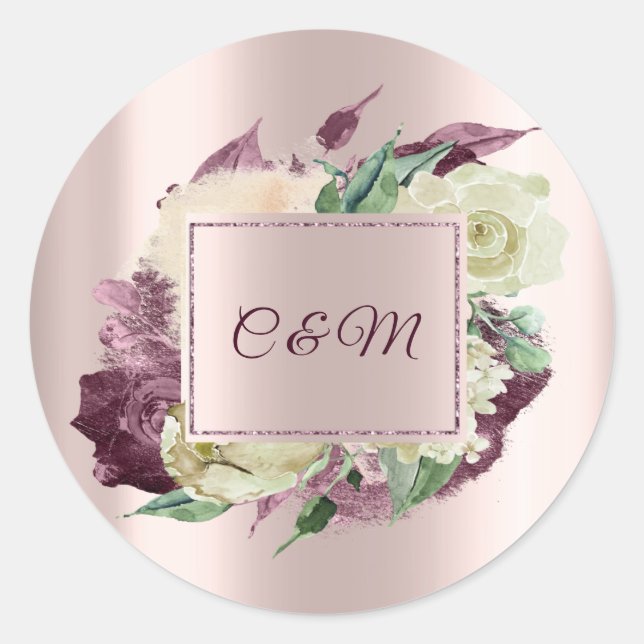 Monogram Marsala Floral Ivory Mint Rose Gold Runder Aufkleber (Vorderseite)