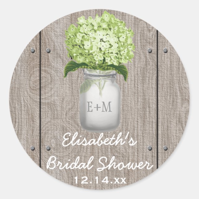 Monogram Mason Jar Green Hydrangea Brautparty Runder Aufkleber (Vorderseite)
