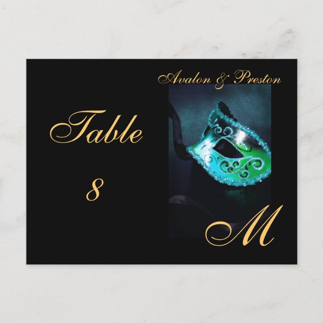 Monogram Masquerade Mask Aquamarin Table Platzkart Postkarte (Vorderseite)