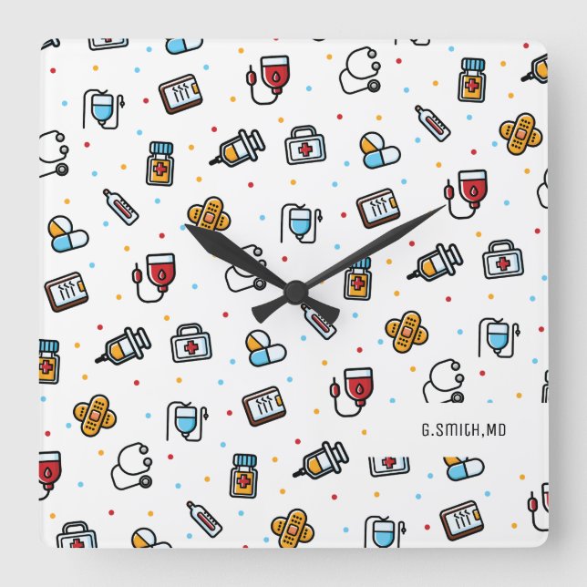 Monogram. Medical Pattern. For Doctors and Nurses Quadratische Wanduhr (Vorderseite)