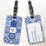 Monogram Mediterranean Blue White Tile Water Gepäckanhänger<br><div class="desc">Hübsches indigoblau-weiß personalisiertes Monogramm anfängliches mediterranes Fliesenmuster in Aquarell. Originelle Kunst von Nic Squirrell. Ändern Sie das Monogramm zunächst auf der Vorderseite und die Details auf der Rückseite,  um es anzupassen.</div>