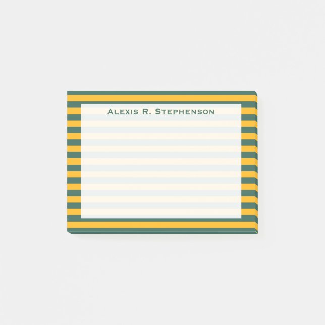 Monogram Medium Green und Gold Yellow Strip Post-it Klebezettel (Vorderseite)