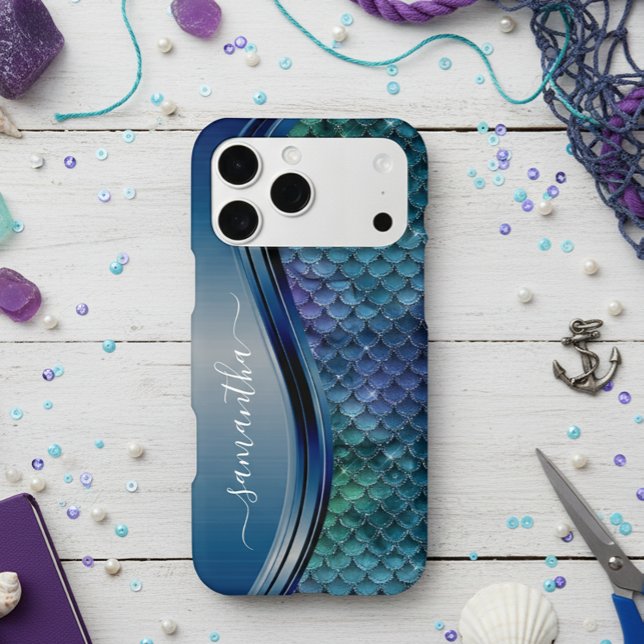 Monogram Mermaid Scale Lila Navy Blue Case-Mate iPhone Hülle (Von Creator hochgeladen)