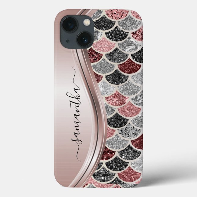 Monogram Mermaid Scanner Glitzer Rosa Silbername Case-Mate iPhone Hülle (Rückseite)