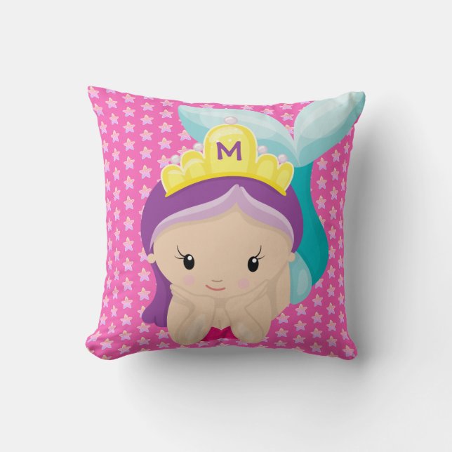 Monogram Mermaid Starfish Pink Girl Cartoon Kissen (Vorderseite)