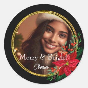 Monogram Merry Bright Christmas Foto Gold Red Runder Aufkleber
