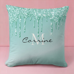 Monogram Metallic Aqua Blue Drilling Glitzer Kissen