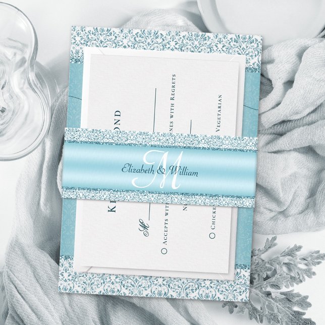 Monogram Metallic Blue Glitzer Wedding Einladungsbanderole (Von Creator hochgeladen)