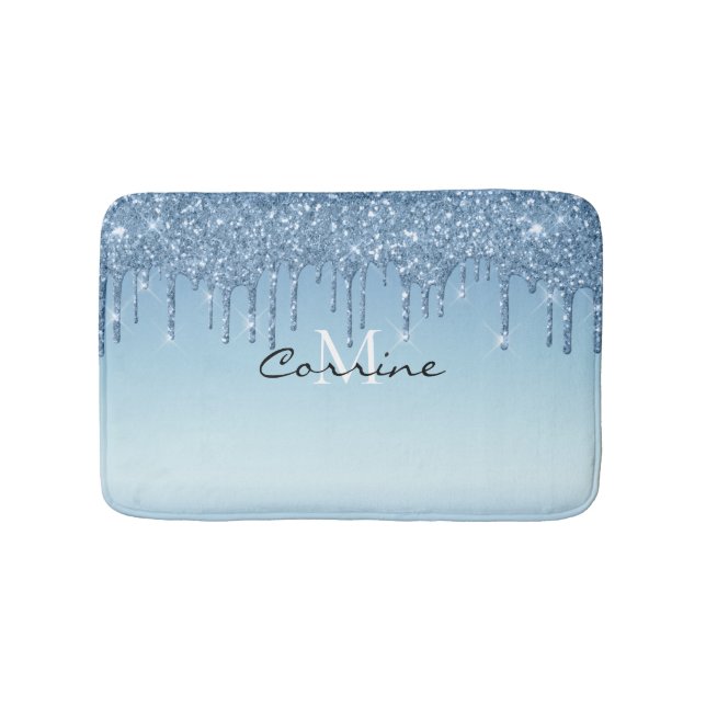 Monogram Metallic Frozen Eis Blue Glitzer Drilling Badematte (Vorderseite)
