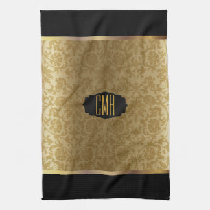 Monogram Metallic Gold & Floral Damask Muster Geschirrtuch