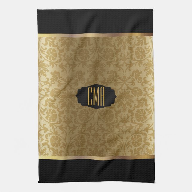 Monogram Metallic Gold & Floral Damask Muster Geschirrtuch (Vertikal)