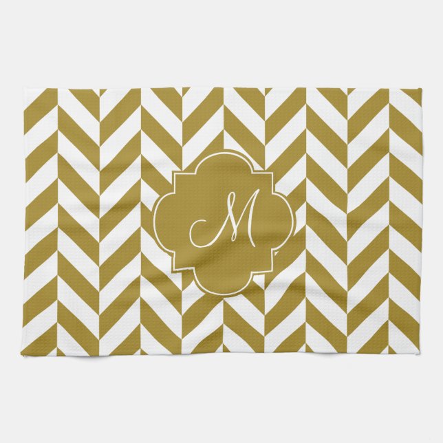 Monogram Metallic Gold Herringbone-Muster Geschirrtuch (Horizontal)