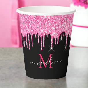 Monogram Metallic Hot Pink Drilling Glitzer Black Pappbecher