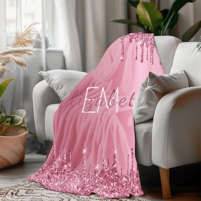 Monogram Metallic Pink Dripping Glitzer Girly Fleecedecke (Blush Pink Metal Dripping Glitter Monogram Name Fleece Blanket)