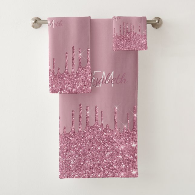 Monogram Metallic Pink Dripping Glitzer Moderner Badhandtuch Set (Insitu)