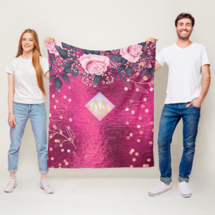 Monogram Metallic Pink Rosegold Navy Glitzer Girly Fleecedecke