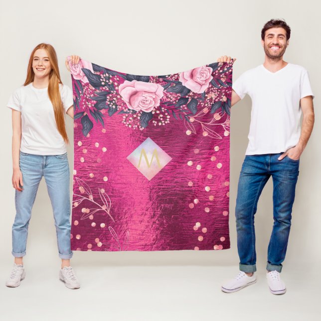 Monogram Metallic Pink Rosegold Navy Glitzer Girly Fleecedecke (Beispiel)