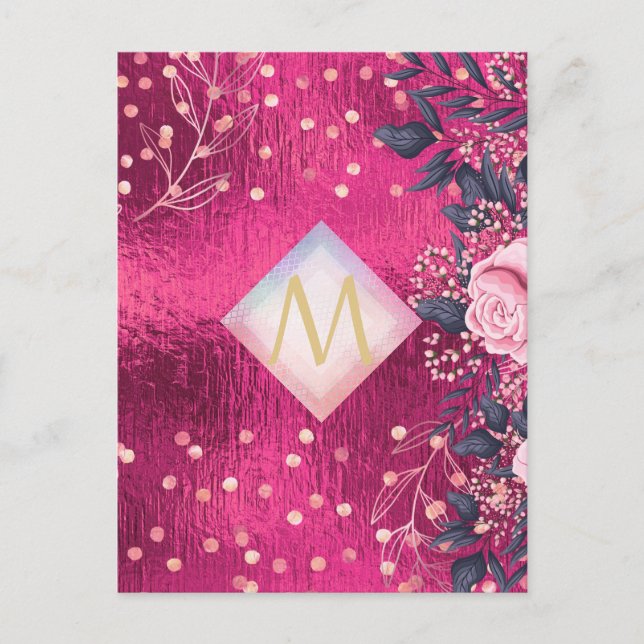 Monogram Metallic Pink Rosegold Navy Glitzer Girly Postkarte (Vorderseite)
