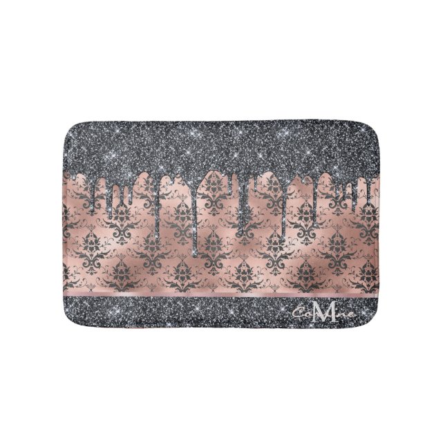 Monogram Metallic Rose Gold & Black Glitzer Damask Badematte (Vorderseite)
