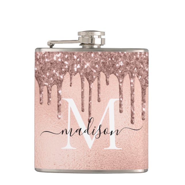 Monogram Metallic Rose Gold Pink Glitzer Tropfen Flachmann (Vorderseite)