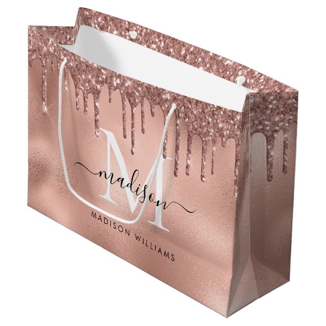 Monogram Metallic Rose Gold Pink Glitzer Tropfen Große Geschenktüte (Vorderseite Schrägansicht)