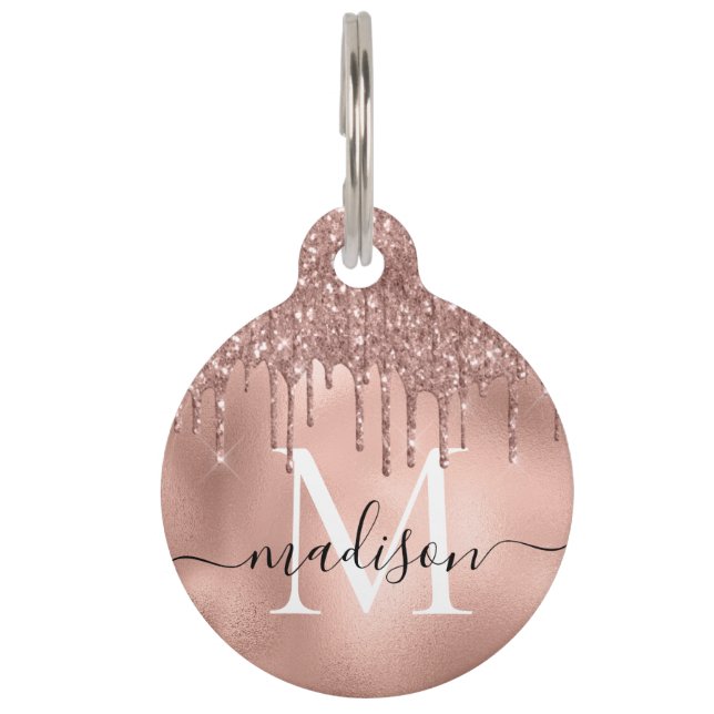 Monogram Metallic Rose Gold Pink Glitzer Tropfen Haustiermarke (Vorderseite)