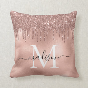 Monogram Metallic Rose Gold Pink Glitzer Tropfen Kissen