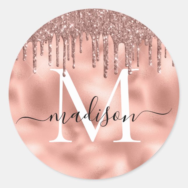 Monogram Metallic Rose Gold Pink Glitzer Tropfen Runder Aufkleber (Vorderseite)