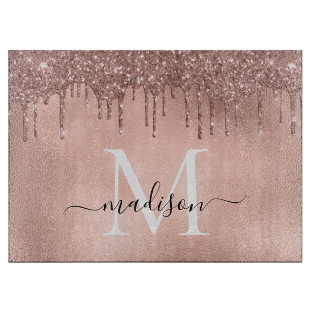 Monogram Metallic Rose Gold Pink Glitzer Tropfen Schneidebrett (Vorderseite)