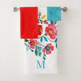 Monogram Mexican Floral Colorful Boho Badhandtuch Set