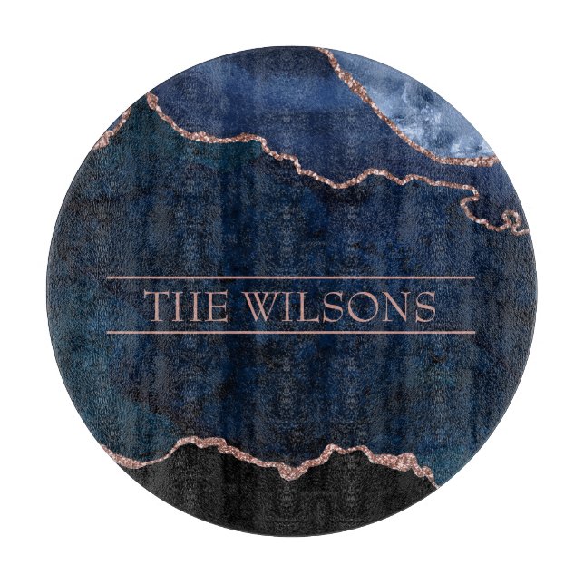 Monogram Midnight Blue Abstrakt Elegante Marble Schneidebrett (Vorderseite)