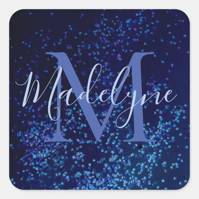 Monogram Midnite Blue Confetti Quadratischer Aufkleber (Vorderseite)