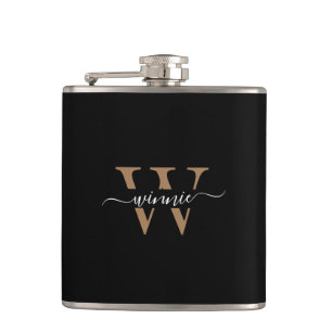 Monogram Minimal Elegante Black Gold Script Name Flachmann