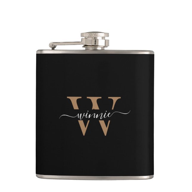 Monogram Minimal Elegante Black Gold Script Name Flachmann (Vorderseite)