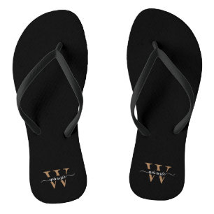 Monogram Minimal Elegante Black Gold Script Name Flip Flops