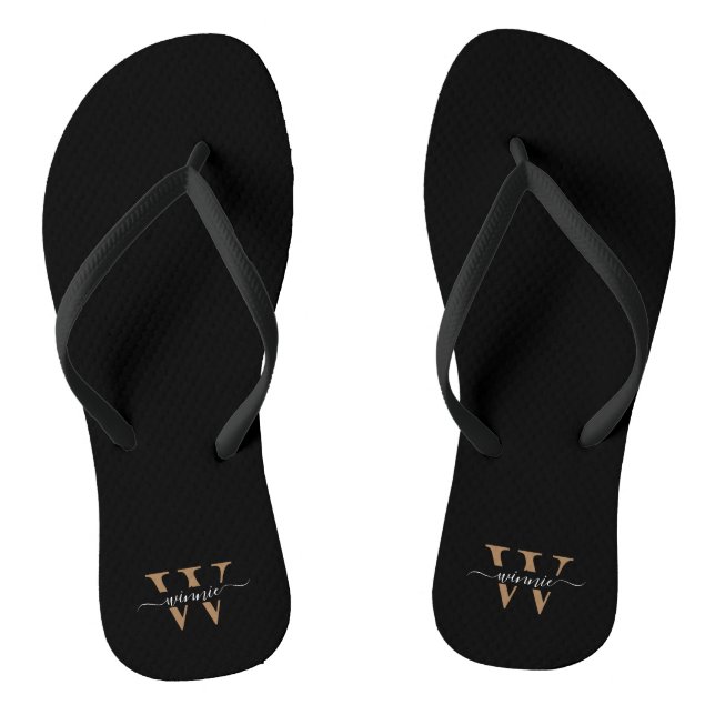 Monogram Minimal Elegante Black Gold Script Name Flip Flops (Fußbett)