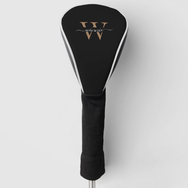 Monogram Minimal Elegante Black Gold Script Name Golf Headcover (Vorderseite)