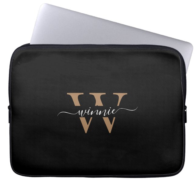 Monogram Minimal Elegante Black Gold Script Name Laptopschutzhülle (Vorderseite)