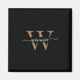 Monogram Minimal Elegante Black Gold Script Name Magnet