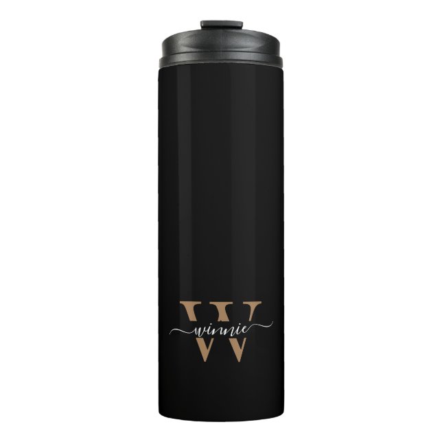 Monogram Minimal Elegante Black Gold Script Name Thermosbecher (Vorderseite)