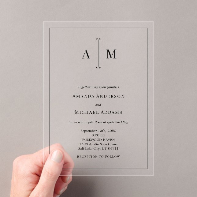 Monogram Minimal Simple Black Border Wedding Acryleinladungen (Insitu (Handheld))