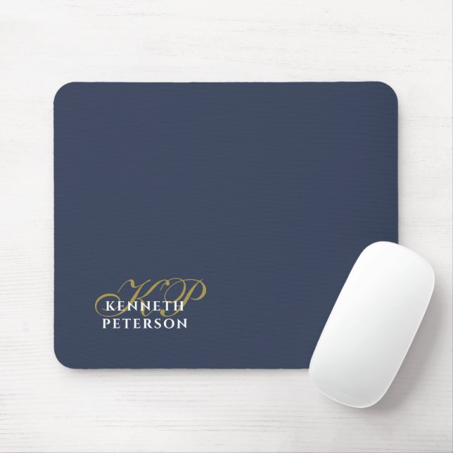 Monogram Minimalist Dusty Navy Blue Gold White Man Mousepad (Mit Mouse)