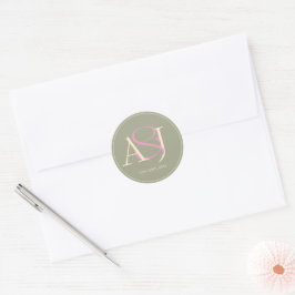 Monogram Minimalist Green & Pink Wedding Date Runder Aufkleber
