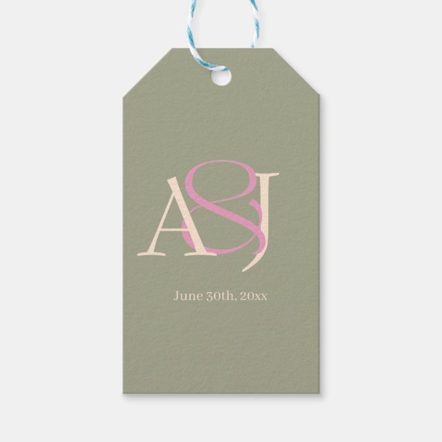 Monogram Minimalist Sage Green & Rose Pink Wedding Geschenkanhänger (Vorderseite)