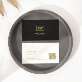 Monogram Minimalistic Black Linen Gold Typografie Visitenkarte