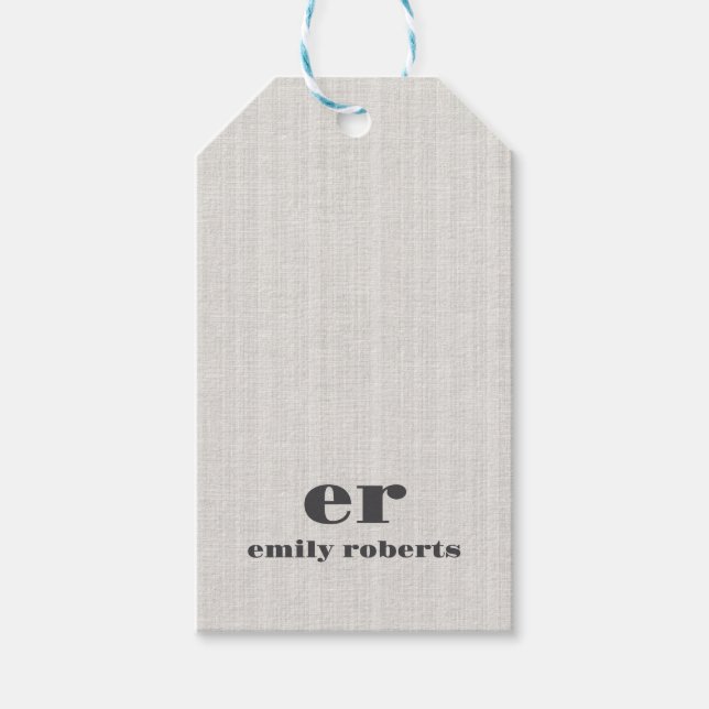 Monogram Minimalistic White Burlap Gray Typography Geschenkanhänger (Vorderseite)