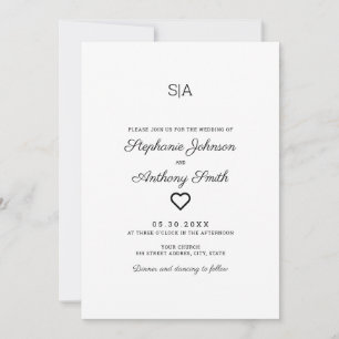 Monogram Minimalistisch Black and White Heart Wedd Einladung