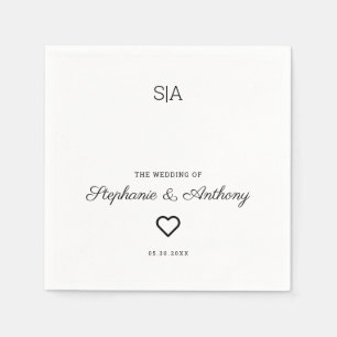 Monogram Minimalistisch Black and White Heart Wedd Serviette