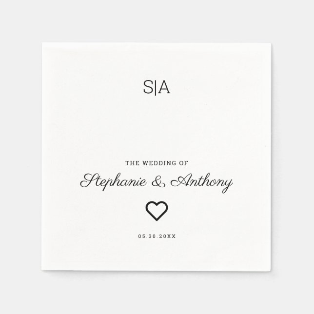 Monogram Minimalistisch Black and White Heart Wedd Serviette (Vorderseite)