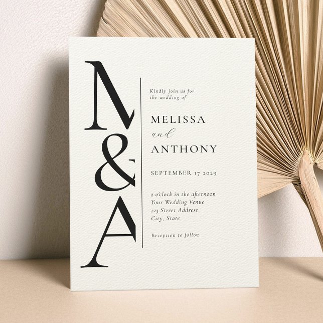 Monogram Minimalistisch Black und Ecru Modern Wedd Einladung (Von Creator hochgeladen)
